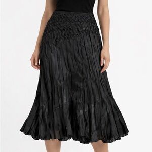 Caché Black Textured Pleated Midi Skirt NWT Size L Flowy $168 Retail